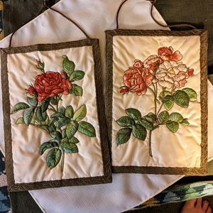 Pair of Vintage Satin Rose Wall Hangings